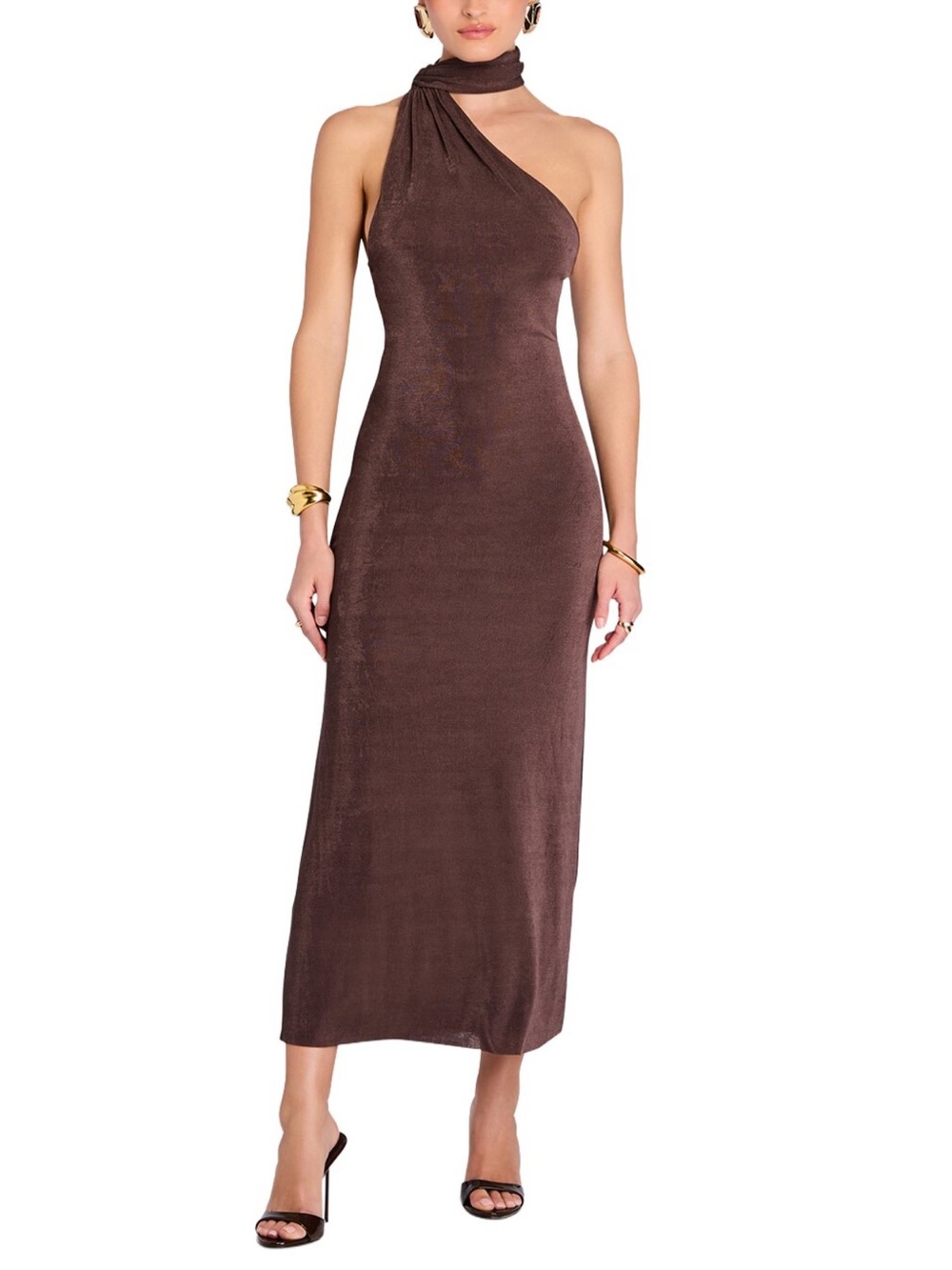 Retrofete One-Shoulder Brown Midi Dress with Neck Wrap